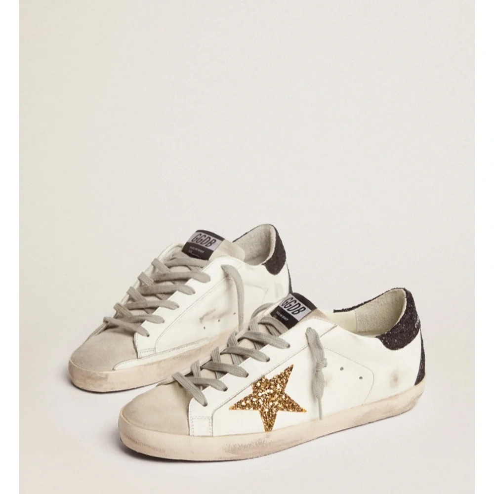 Golden Goose Super Star Black and Gold Glitter Lace Up Sneakers Size 38 - Picture 3 of 12